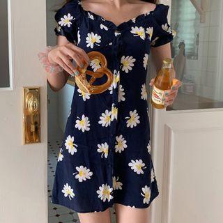 Short-sleeve Floral Mini A-line Dress Navy Blue - One Size