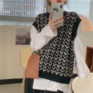 Round Neck Patterned Sweater Vest Black - One Size