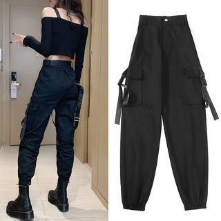 Off-shoulder Crop Top / High Waist Cargo Pants / Set