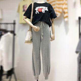Set: Printed Short-sleeve T-shirt + High Waist Drawstring Pants