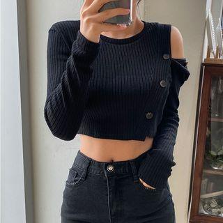 Two-way Button-trim Ribbed Crop Top