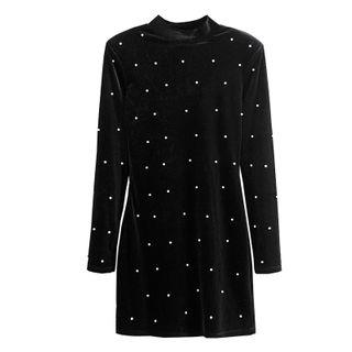 Mock-neck Velvet Long-sleeve Mini Dress