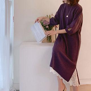 3/4 Sleeve Slit-side Midi Knit Dress