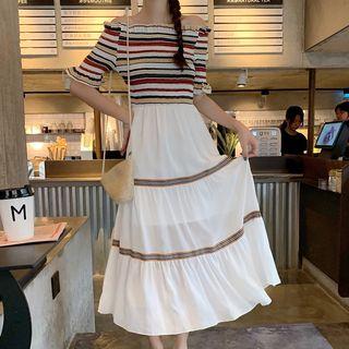 Striped Off-shoulder Elbow-sleeve Midi A-line Dress