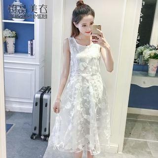 Sleeveless Lace Overlay Midi Sundress