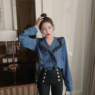 Leopard Long-sleeve Blouse Blue - One Size