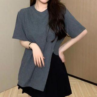 Elbow-sleeve Slit Asymmetrical T-shirt