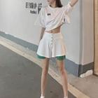 Set: Short-sleeve Applique Cropped T-shirt + High-waist Shorts