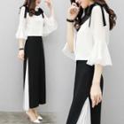 Set: Two-tone Panel Blouse + Wide-leg Pants