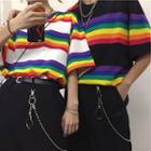 Couple Matching Rainbow Stripe Elbow-sleeve T-shirt