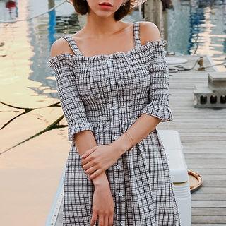 Off-shoulder Smocked-waist Checked Dress