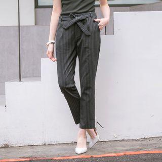 Tie-waist Pinstriped Straight-leg Pants