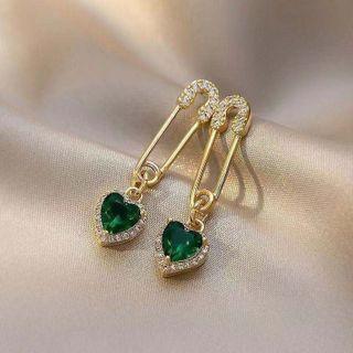 Safety Pin Heart Rhinestone Alloy Dangle Earring Ndyz241 - Green & Gold - One Size