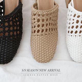 Block-heel Openwork Woven Mules