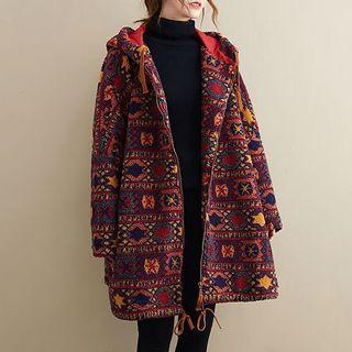 Pattern Print Zip Hooded Coat Red - One Size