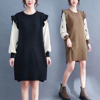 Long-sleeve Two-tone Frill Trim Knit Shift Dress