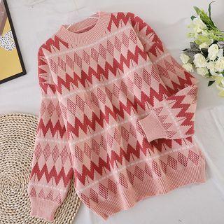 Round-neck Color Block Argyle Long-sleeve Top Pink - One Size