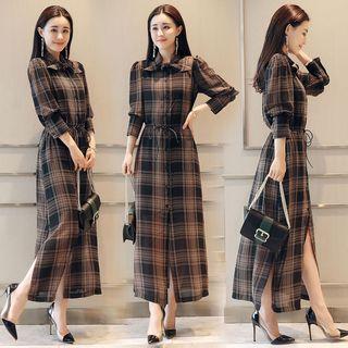 Plaid Tie-neck Maxi Shirtdress