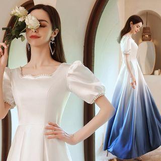 Short-sleeve Faux Pearl Sheath Evening Gown