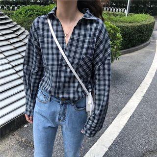 Long Sleeve Collared V-neck Plaid Top As Shown In Figure - One Size