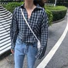 Long Sleeve Collared V-neck Plaid Top As Shown In Figure - One Size
