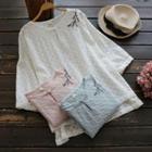 3/4-sleeve Floral Embroidered Loose-fit Plain Blouse