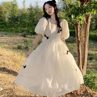 Puff-sleeve Square Neck Bow-accent Plain Midi A-line Dress