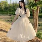 Puff-sleeve Square Neck Bow-accent Plain Midi A-line Dress
