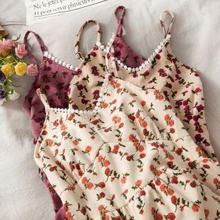 Lace-trim Floral Sleeveless Midi Dress In 5 Colors