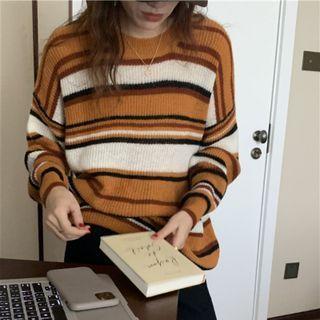 Round Neck Striped Sweater Coffee & White - One Size