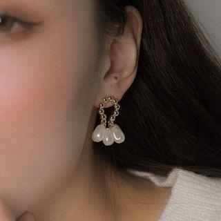 Faux Pearl Fringed Earring 1 Pair - S925 Silver Needle - Earring - Faux Pearl - Gold - One Size