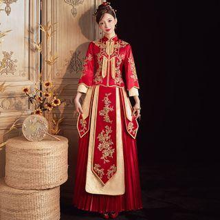 Set: Embroidered Chinese Wedding Cheongsam + Maxi A-line Skirt
