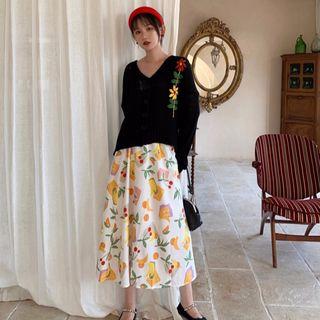 Set : Embroidered Knit Coat + High Waist Skirt