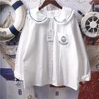 Long-sleeve Bear Embroidered Peter Pan Collar Shirt White - One Size