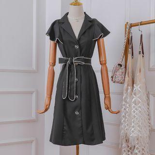 Rhinestone Button Short-sleeve Tie-waist Midi A-line Dress