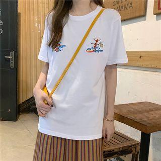 Short-sleeve Embroidered T-shirt / Striped A-line Midi Skirt