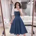 Lace Up Midi Denim Overall Dress