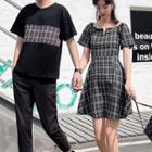 Short-sleeve Plaid Mini A-line Dress / Short-sleeve T-shirt / Cropped Pants