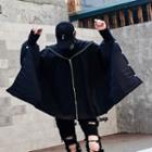 Stand Collar Batwing-sleeve Zip Jacket Black - One Size