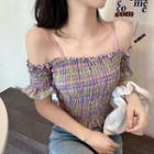 Off-shoulder Ruffle Trim Plaid Crop Top
