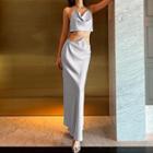Set: Rhinestone Strap Crop Camisole Top + Maxi Skirt