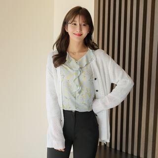 V-neck Slit-side Punched Cardigan