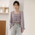 Long-sleeve Square-neck Drawstring Cropped Blouse