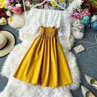 Off-shoulder Color-block Smocked Dress