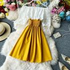 Off-shoulder Color-block Smocked Dress