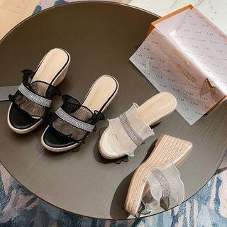 Ruffle Rhinestone Platform Wedge Slide Sandals