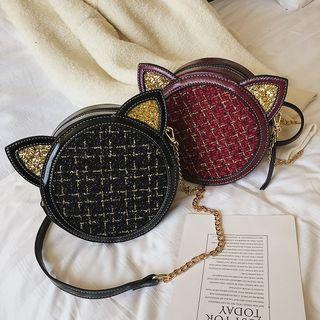 Sequined Cat Shape Tweed Crossbody Bag