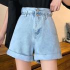 Paperbag-waist Washed Denim Shorts