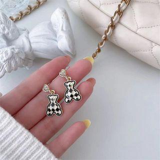 Bear Checker Alloy Dangle Earring 1 Pair - Bear - Black & White - One Size