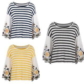 Embroidery Sleeve Striped T-shirt